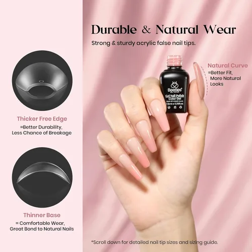 Vista 4 de Kit de Uñas de Gel Beetles 600Pcs Puntas de Uñas de Ataúd Largo con Esmalte de Gel Rosa, Capa Superior, 15 Tamaños de Uñas Autoadhesivas