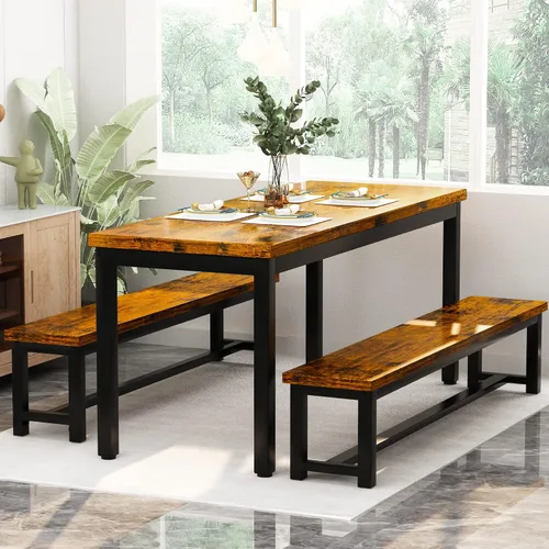 Vista 2 de Elegante juego de mesa de comedor de 3 piezas de 43.3 pulgadas para 4 personas con banco, diseño compacto que ahorra espacio, duradera y fácil