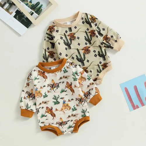 Vista 2 de MAINESAKA Traje de vaquero occidental para recién nacido, sudadera con estampado de vaca, de manga larga, traje de otoño