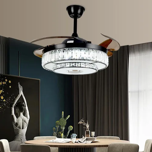 Vista 7 de Ventilador de techo retráctil de 42 pulgadas con luz y control remoto, candelabro negro cristal, moderno, comedor