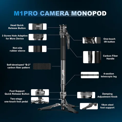 Vista 6 de COMAN M1pro Monopod de fibra de carbono de 65 pulgadas para cámara, monopie de liberación rápida de elevación con un solo clic con pies, compacto