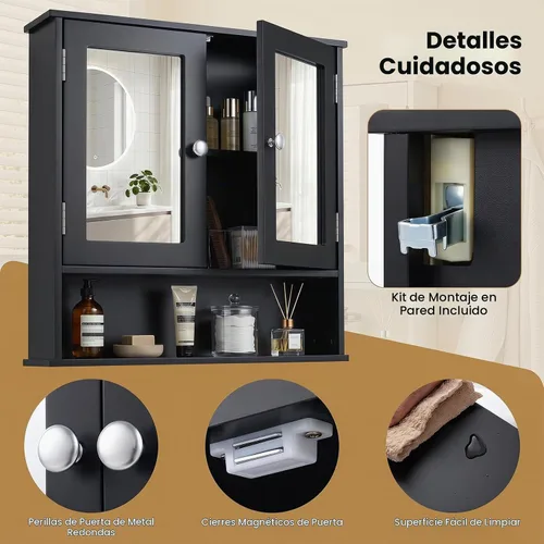 Vista 9 de GLACER - Armario de pared de baño moderno con espejo y estante ajustable Negro