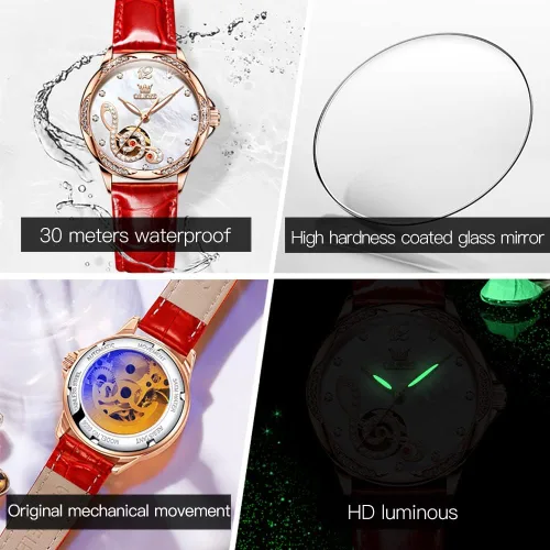 Vista 4 de OLEVS Reloj mecánico automático para mujer correa de cuero cuerda automática reloj de pulsera para mujer esfera de corazón de diamante impermeable