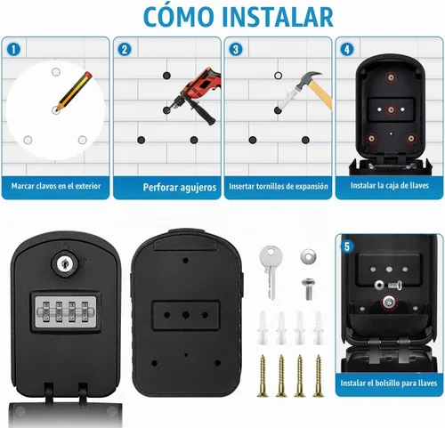 Vista 8 de BKNOOU Keys Lock Box con código, caja de seguridad de gran capacidad para montaje en pared 4-digit Resettable Combination, with Spare Key
