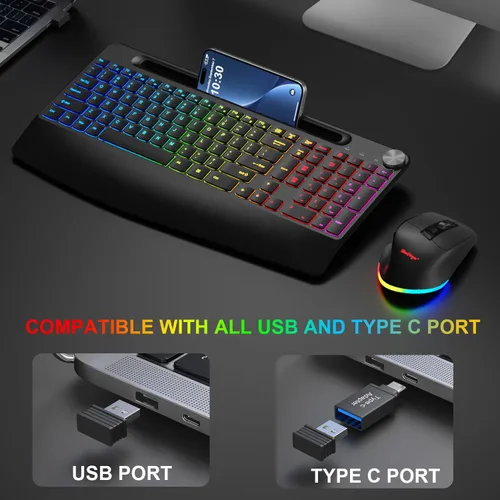 Vista 4 de BlueFinger Combo de teclado y mouse inalámbricos retroiluminados, teclado ergonómico recargable de 2.4 G con reposamuñecas, soporte para teléfono