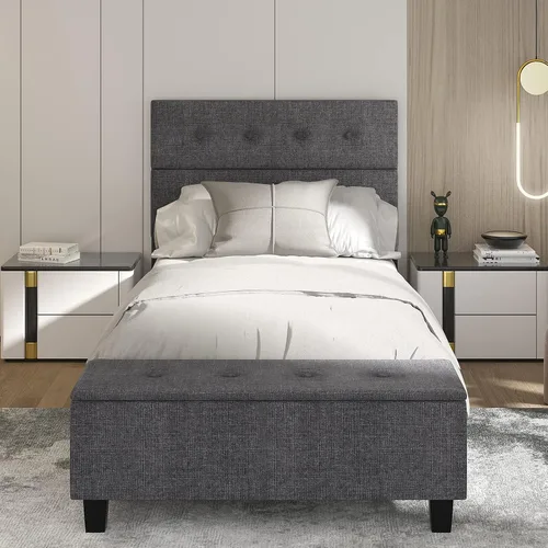 Vista 6 de KOMFOTT Base de cama tapizada tamaño individual con almacenamiento otomano, base de colchón moderna con cabecero copetudo con botones, base de cama