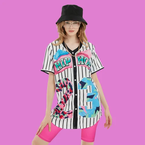 Vista 5 de WILDPARTY Traje de los años 80 y 90 para mujer, disfraz unisex de hip hop, camiseta de béisbol, pantalones de yoga, accesorios de rapero