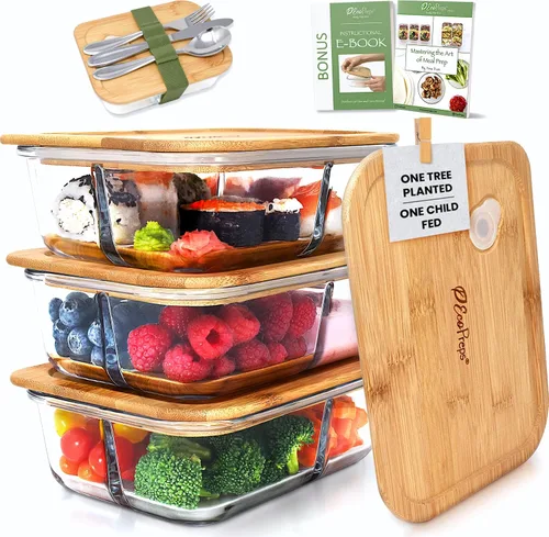 Vista 10 de EcoPreps Contenedores de vidrio para preparación de comidas con tapas de bambú, juego de recipientes de vidrio de 2 compartimentos (paquete de 3)