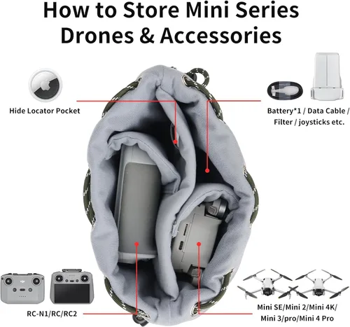Vista 6 de CQT Bolsa Osmo 360 Mini 3 4 Pro con cordón ajustable, de piel sintética, bolsa de hombro, bolsa de almacenamiento impermeable para DJI Mavic MINI 4