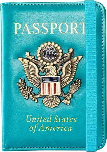 Vista 10 de Funda para pasaporte y ranura para tarjetero, con bloqueo RFID, cartera de piel para pasaporte de viaje para hombres y mujeres, protector de Rojo