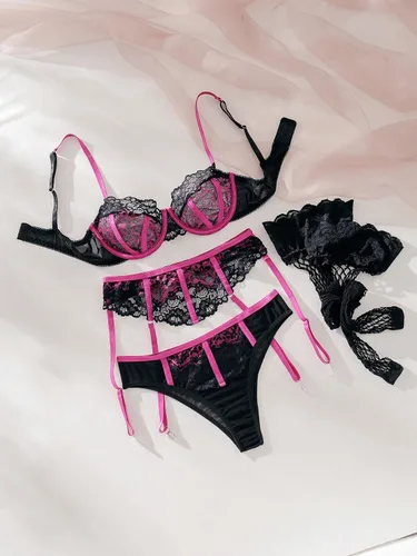 Vista 5 de WDIRARA Conjunto de lencería de encaje floral con medias para mujer
