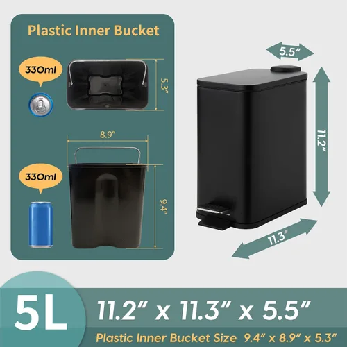 Vista 6 de SunnyPoint Cubo de basura pequeño de 5 litros (1.32 galones) con cubos interiores de plástico; baño rectangular, oficina, cocina y dormitorio, paso
