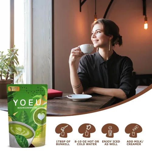 Vista 3 de 6.35 oz, polvo orgánico de hongos matcha, matcha japonés y 12 ingredientes naturales, café instantáneo, polvo con leche, alternativa al café