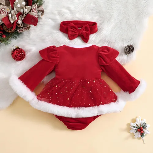 Vista 2 de YINGISFITM My First Christmas Baby Girl Outfit Newborn Furry Santa Cute Red Christmas Dress Romper Xmas Clothes