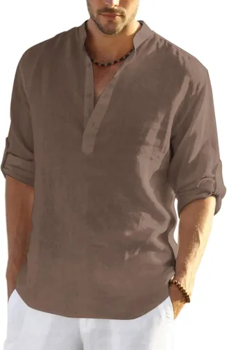 Vista 36 de COOFANDY Camiseta Henley de algodón y lino para hombre, de manga larga, estilo hippie, casual, playera