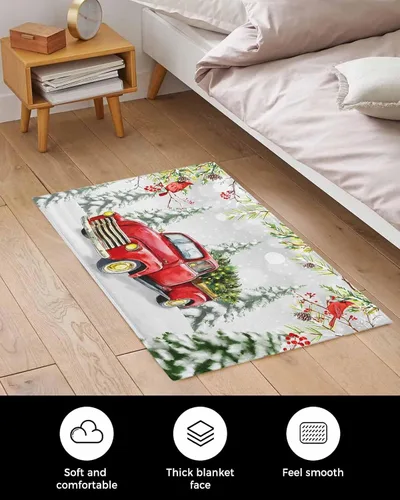Vista 4 de Alfombra de baño esponjosa para camión rojo, cardenal de Navidad, antideslizante, alfombra suave para piso, árbol de Navidad, conos de pino, nieve