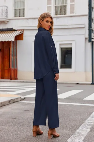 Vista 6 de Zeagoo Conjunto de 2 piezas de lino para mujer, camisa con botones y pantalones largos con cordón, conjuntos de verano, Azul marino