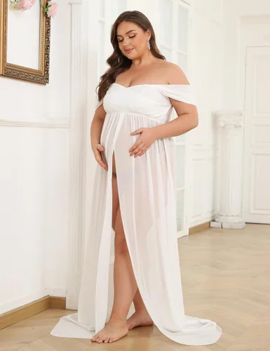 Vista 5 de Vestido de maternidad para fotografía con hombros descubiertos, vestido de gasa con abertura frontal, maxi vestidos de embarazo para sesión de fotos