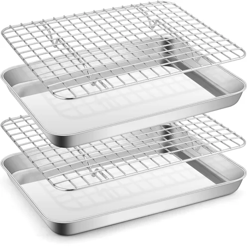 Vista 9 de E-far - Juego de bandejas para hornear para horno tostador, bandeja pequeña de acero inoxidable de 10.5 x 8.3 pulgadas con rejilla de alambre