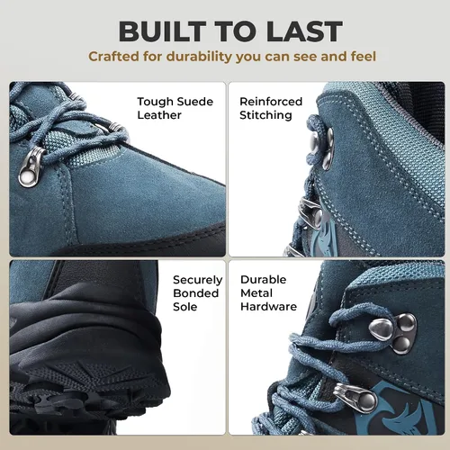Vista 4 de Botas de senderismo Foxelli para hombre – Botas de cuero de ante impermeables, transpirables y ligeras para hombre Azul