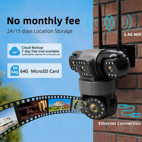 Vista 5 de Cámara de seguridad inalámbrica de 4 lentes al aire libre, imagen HD 2K PTZ 360° de vigilancia, visión nocturna a color, conexión WiFi, detección