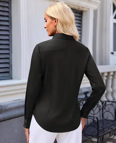 Vista 3 de siliteelon Camisas con botones para mujer: ajuste clásico, resistente a las manchas, manga larga, sin arrugas, oficina de negocios