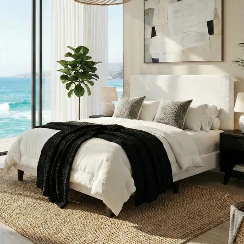 Vista 10 de SHA CERLIN - Base de cama con plataforma de tamaño completo con cabecera ajustable y soporte de listones de madera, base de colchón tapizada