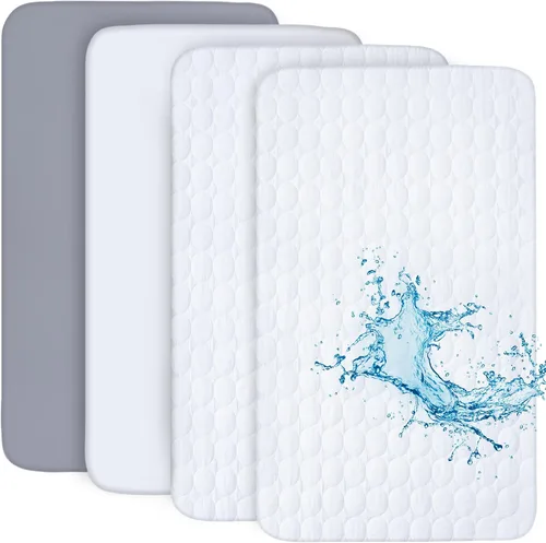 Vista 8 de Pack and Play - Juego de sábanas y protectores de colchón, paquete de 4, color gris 4-Piece Set: 2 Waterproof Quilted Covers + 2 Soft Sheets, Fits
