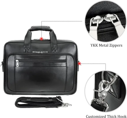 Vista 4 de Maletín para portátil de 17.3 pulgadas de cuero de grano completo sólido grueso para hombre, bolsa de mensajero clásica para viajes de negocios