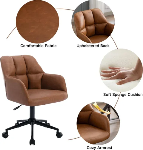 Vista 4 de Wahson Silla de escritorio de oficina de cuero marrón con soporte de respaldo medio, cómoda silla de computadora de altura ajustable, silla
