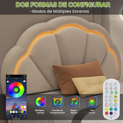 Vista 4 de Base de cama LED tapizada individual para niñas con cabecero de pétalos ajustable, color beige