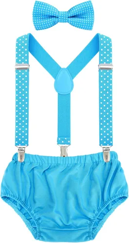 Vista 22 de AWAYTR Conjunto de bombones para bebé niño con tirantes y pajarita para fiesta de primer cumpleaños Beige