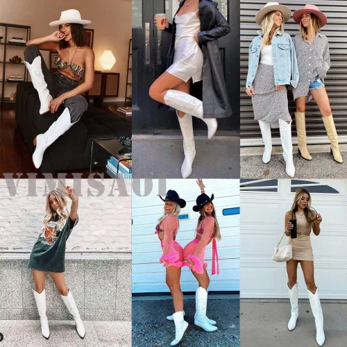 Vista 8 de Vimisaoi - Botas vaqueras para mujer, estilo retro, puntiagudas, de meter, pantorrilla ancha, tacón de bloque alto y grueso, bordadas, hasta