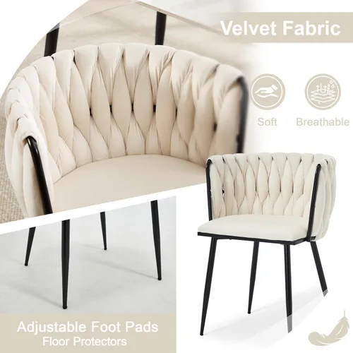 Vista 6 de Juego de 2 sillas de comedor de terciopelo, sillas laterales tapizadas tejidas con patas de metal negro, sillas decorativas modernas, sillas
