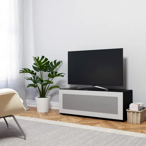 Vista 14 de SONOROUS ST-110 Soporte de TV premium con vidrio negro y cubierta de madera negra, centro de entretenimiento moderno y consola multimedia para sala