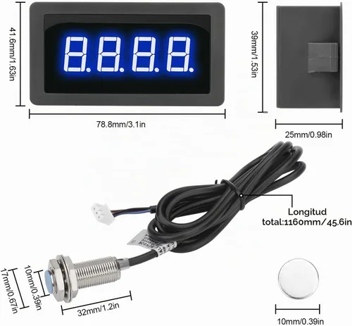 Vista 5 de EEEkit Tacómetro de 4 dígitos con LED azul, medidor de velocidad RPM digital para motores con sensor Hall NPN de interruptor de proximidad