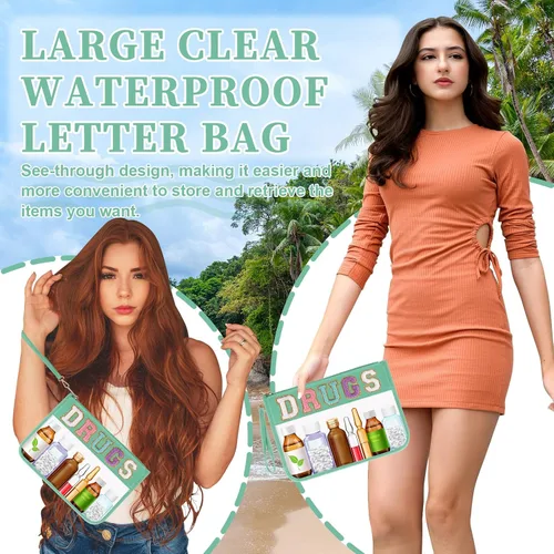 Vista 6 de Iqimott Bolsa de parche de felpilla con letras MEDS transparente, bolsa de maquillaje portátil de preparación para mujeres y niñas, viajes, bolsa