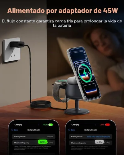 Vista 4 de GEEKERA Estación de carga 3 en 1 de carga rápida certificada Qi2.2 de 25W Gris fantasma