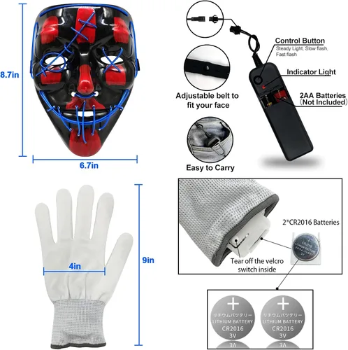 Vista 2 de Juego de 2 máscaras y guantes con luz LED de Halloween brilla en la oscuridad suministros de fiesta de disfraces para adultos