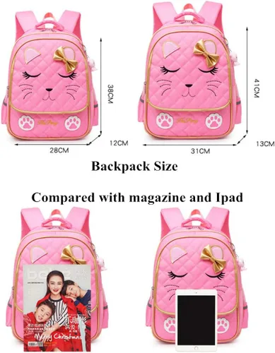 Vista 17 de Juego de 2 mochilas escolares con lazos para niñas y estudiantes, diseño de princesa para escuela primaria, 2pcs Negro-s, 2Pcs BagSet S
