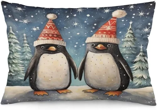 Vista 13 de Fundas de almohada con diseño de pingüinos de Navidad de 12 x 20 pulgadas, diseño de pingüinos en acuarela de Navidad, fundas de almohada