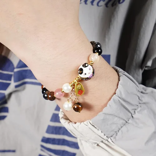 Vista 4 de Pulsera de gato de la suerte Feng Shui, joyería de buena suerte para mujer, protección de riqueza y fortuna, pulseras de cristal de piedras