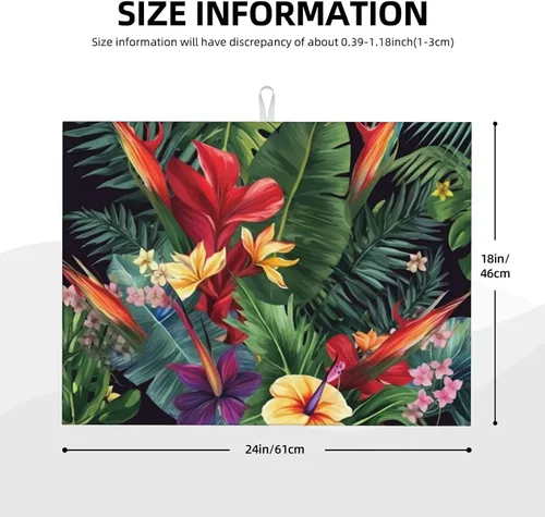Vista 4 de Planta tropical, flores, impresión, estera de secado de platos de microfibra, almohadilla de secado absorbente para encimera de cocina, tapete
