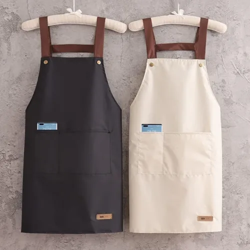 Vista 2 de Delantal con babero simple y funcional, unisex, ajustable, resistente a las gotas de agua, con 2 bolsillos, delantal de cocina para chef, delantal