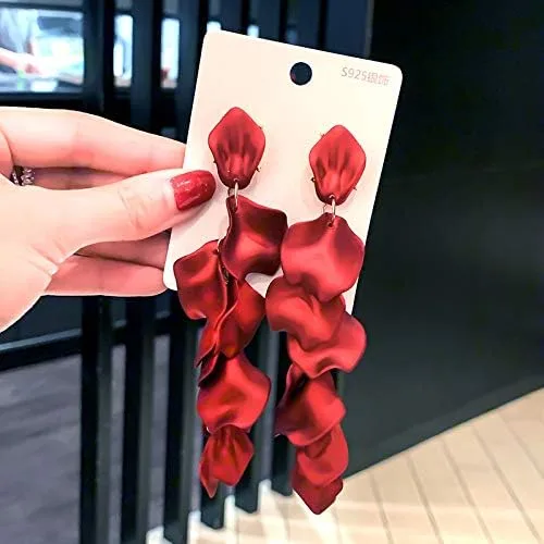 Vista 3 de Pendientes largos colgantes con borla y pétalos de rosa de resina para colgar con borla floral para mujeres y niñas regalos elegantes de joyería