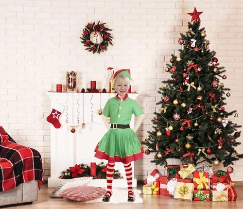 Vista 3 de MAKEATREE Disfraz de elfo de Navidad, disfraz de elfo navideño, ropa de Papá Noel de elfo verde (talla de mujer 43.3 in)