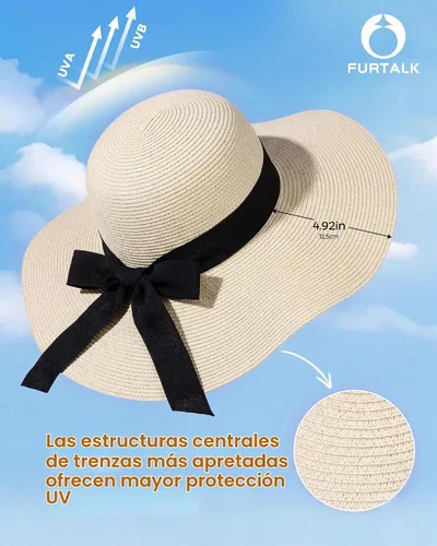 Vista 2 de FURTALK Sombrero de paja para mujer, ala ancha, UPF 80, sombrero de verano, plegable, plegable, flexible, para playa Beige