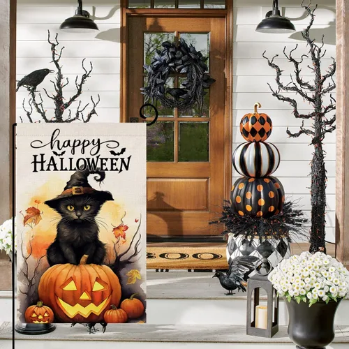 Vista 4 de BLKWHT Bandera de jardín de gatos de Halloween de 12 x 18 pulgadas, vertical, doble cara, feliz Halloween, calabaza, vacaciones, decoraciones