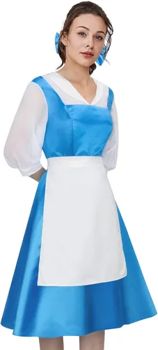 Vista 2 de Disfraz de Bella para adultos, vestido azul de sirvienta, vestido de princesa de belleza, vestido de fiesta de Halloween, vestido de baile