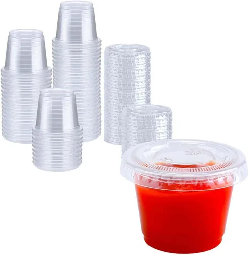 Vista 4 de TashiBox 200 juegos de vasos de gelatina de 1 onza con tapas, vasos de plástico para porciones de soufflé con tapas, transparentes